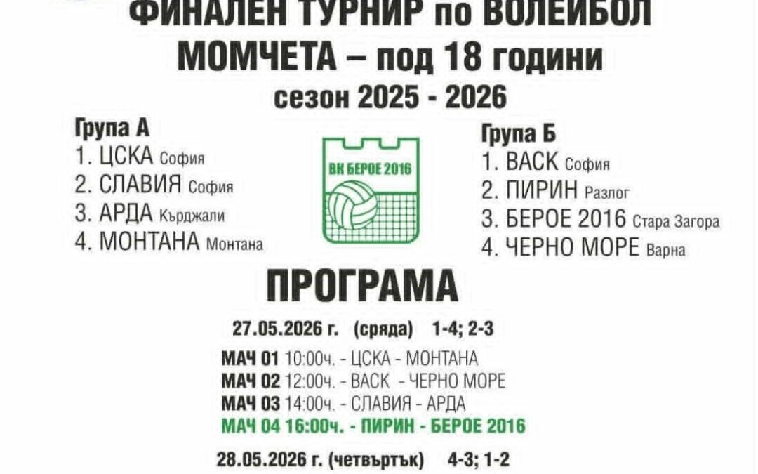 ФИНАЛНИЯТ ТУРНИР НА ДЪРЖАВНОТО ПЪРВЕНСТВО ПО ВОЛЕЙБОЛ ЗА ЮНОШИ ЩЕ СЕ ПРОВЕДЕ В СТАРА ЗАГОРА