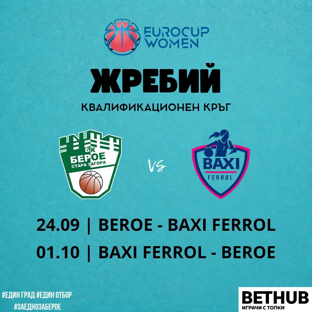 Жребий за Еврокъп жени: Берое срещу испанския Baxi Ferrol (24 септ. и 1 окт.).